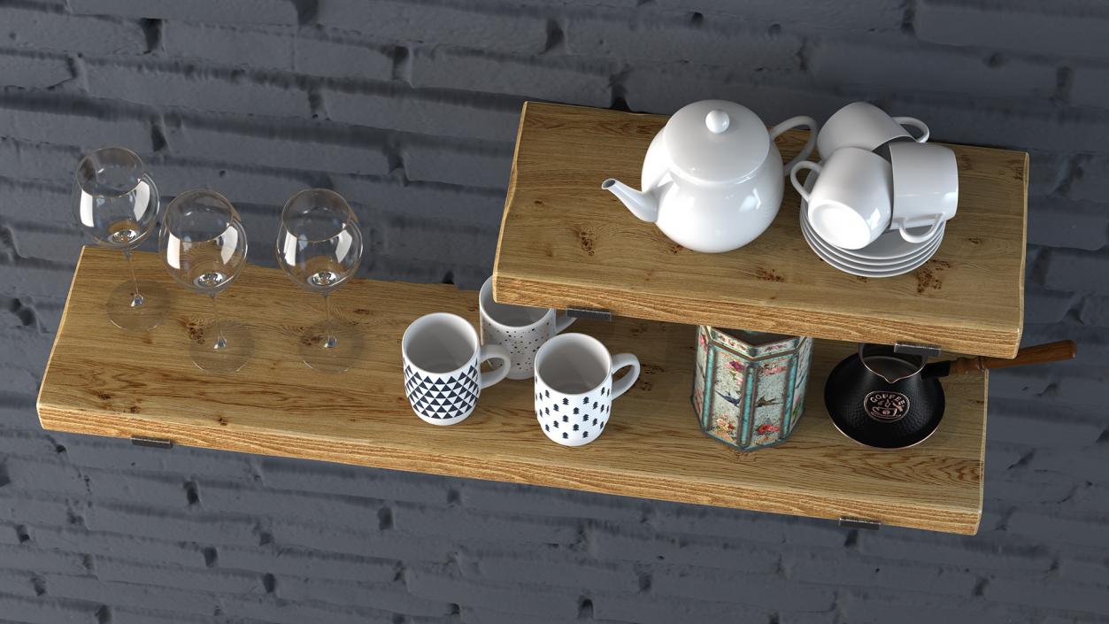 3D Shelf With Kitchenware Brick Wall model