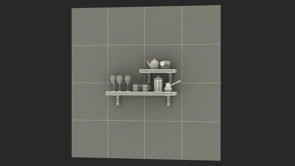 3D Shelf With Kitchenware Brick Wall model