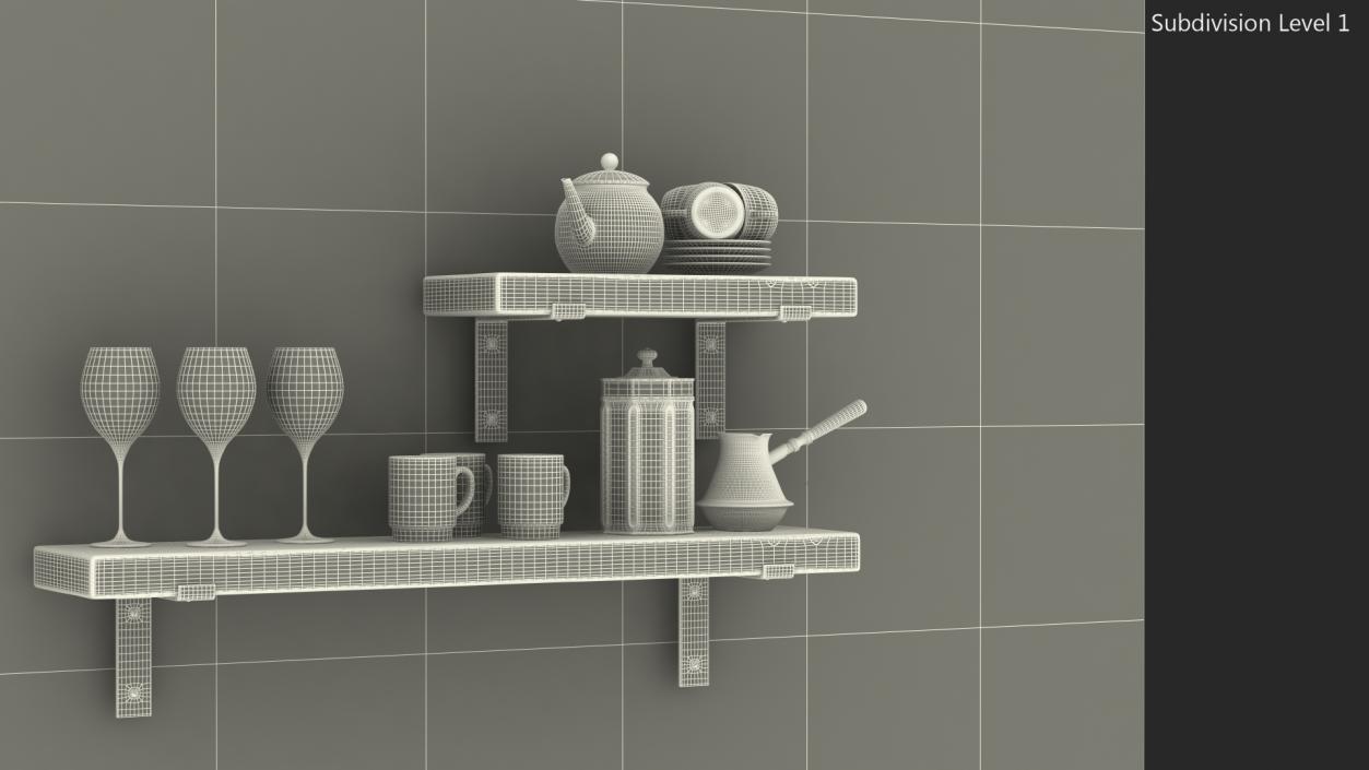 3D Shelf With Kitchenware Brick Wall model