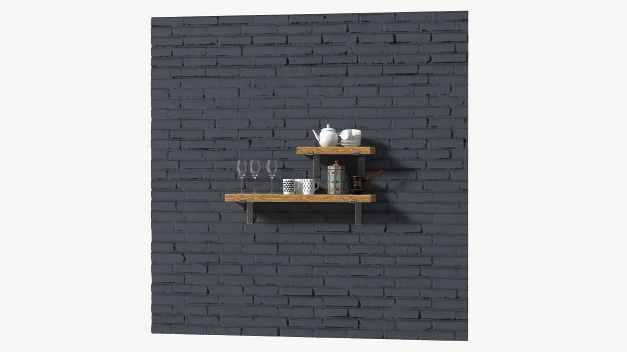 3D Shelf With Kitchenware Brick Wall model