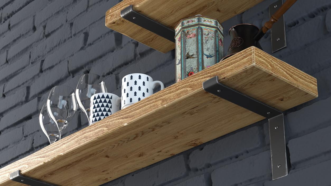 3D Shelf With Kitchenware Brick Wall model