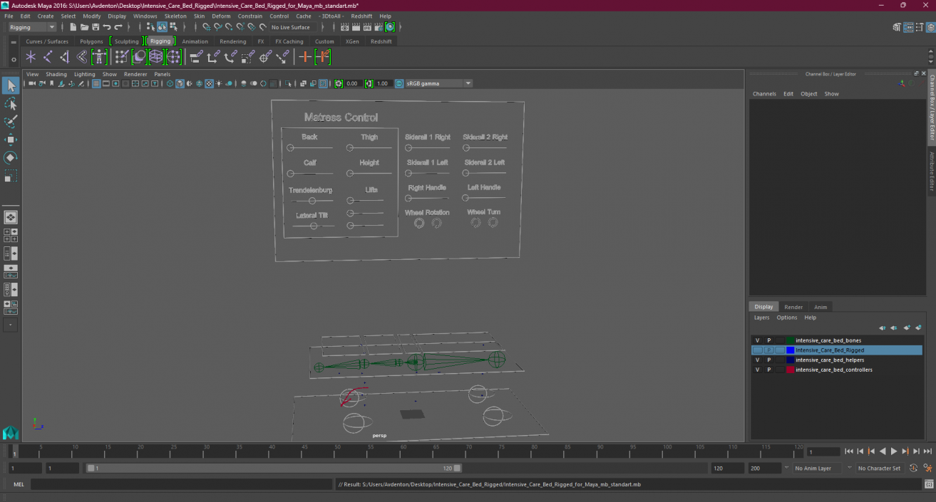 3D Intensive Care Bed Rigged for Maya 2