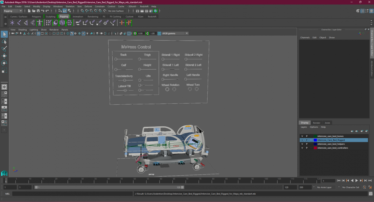 3D Intensive Care Bed Rigged for Maya 2