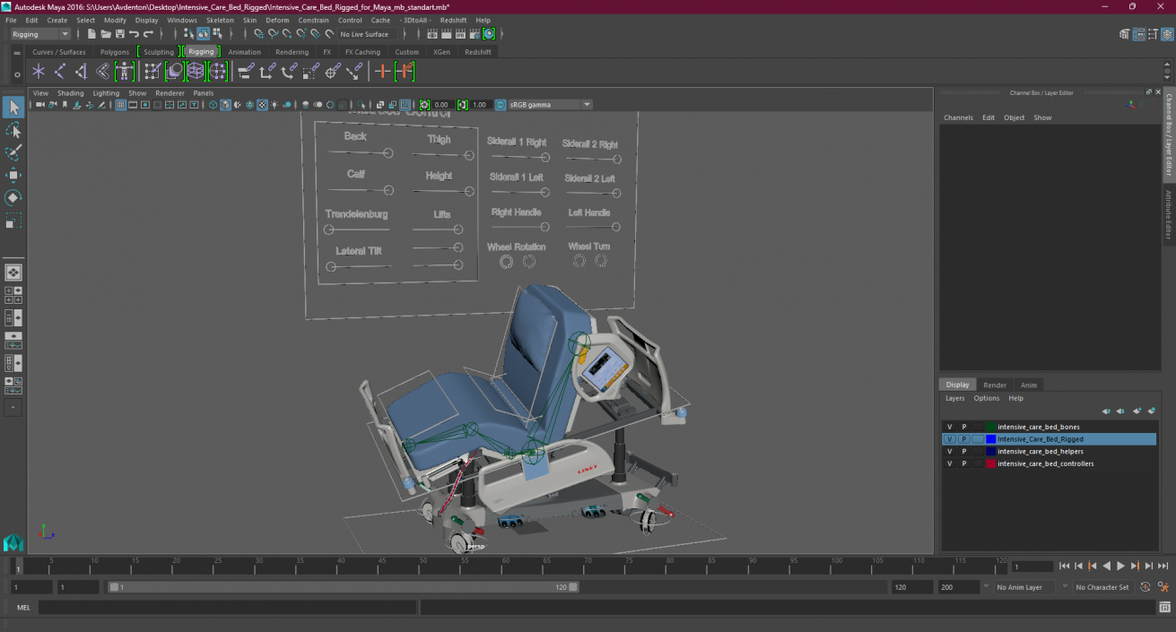 3D Intensive Care Bed Rigged for Maya 2