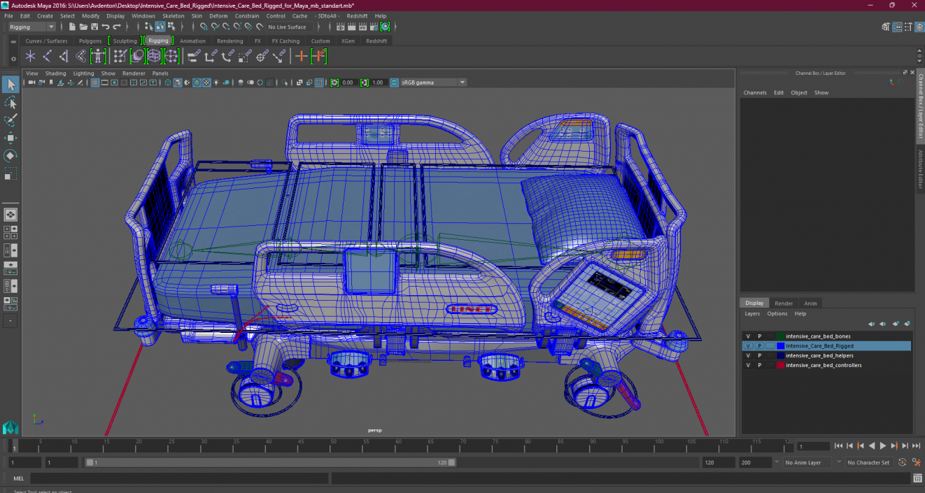 3D Intensive Care Bed Rigged for Maya 2