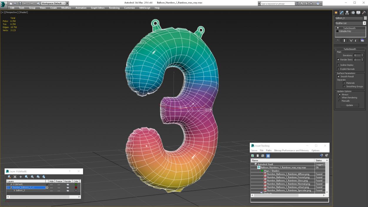 3D model Balloon Numbers 3 Rainbow