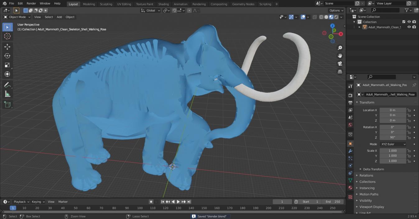 Adult Mammoth Clean Skeleton Shell Walking Pose 3D