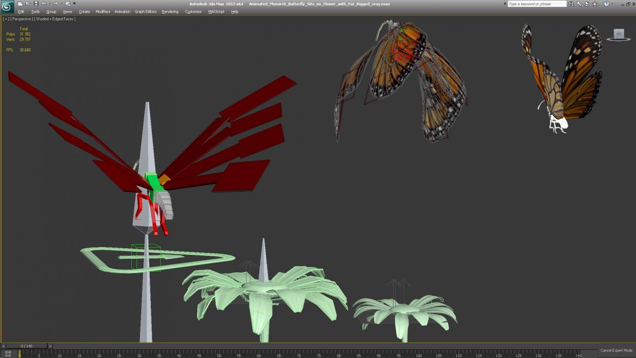 Animated Monarch Butterfly Sits on Flower with Fur Rigged 3D