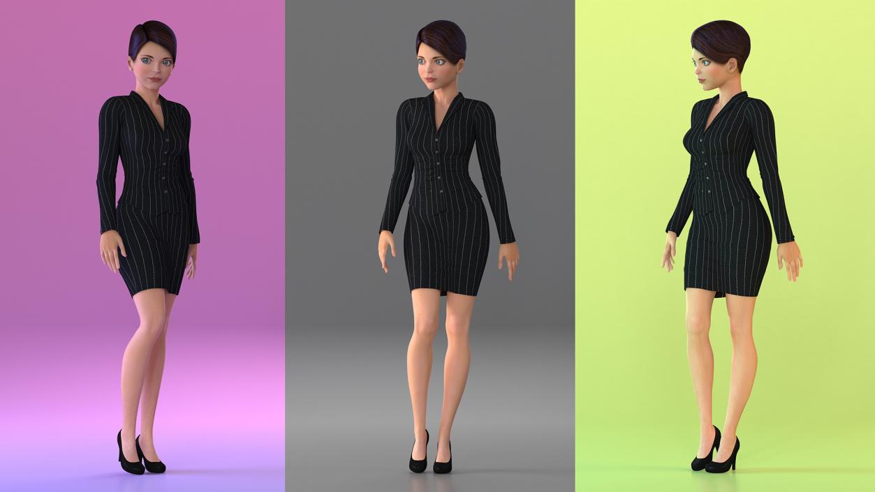 3D Cartoon Young Woman Office Clothes Standing Pose model