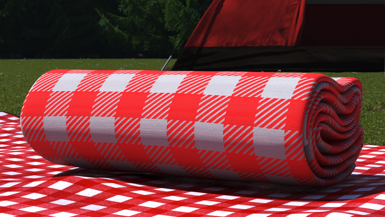 3D Classic Red and White Checkered Picnic Blanket Folded model