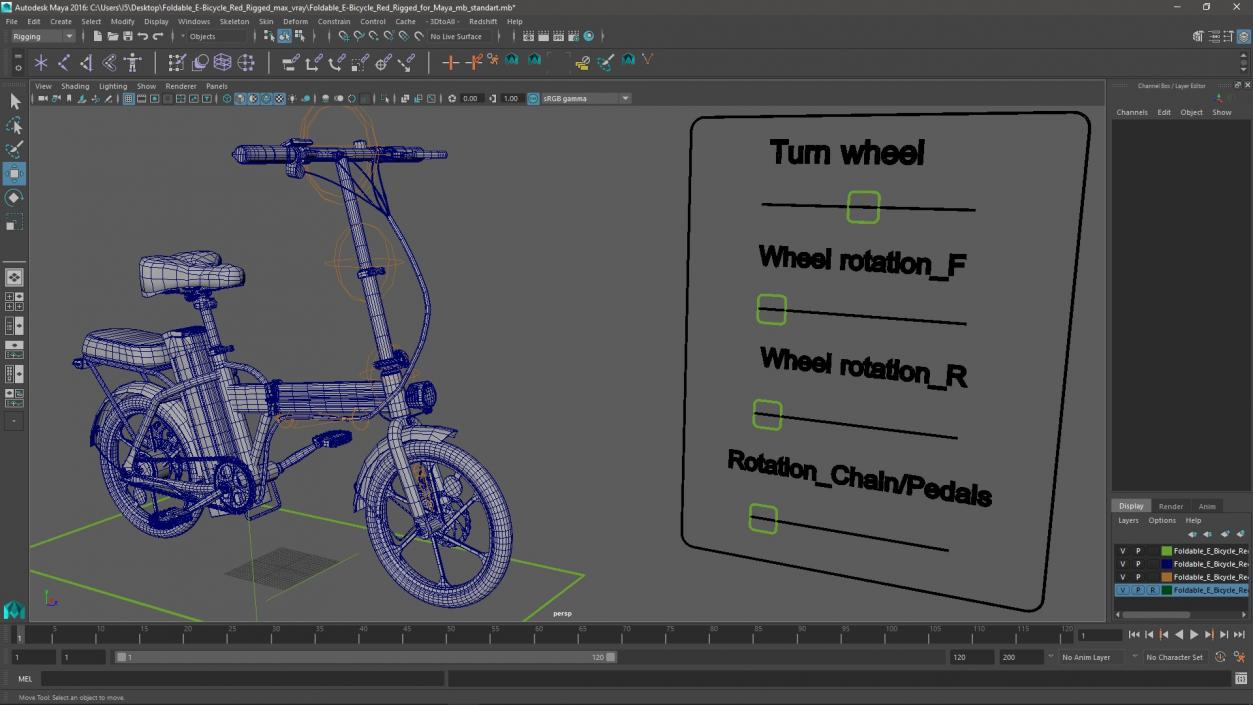 3D Foldable E-Bicycle Red Rigged for Maya model