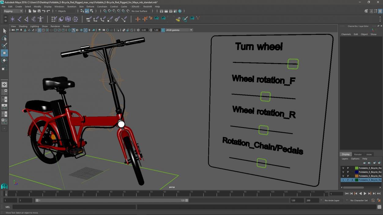 3D Foldable E-Bicycle Red Rigged for Maya model