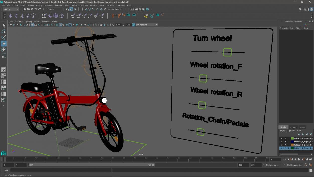 3D Foldable E-Bicycle Red Rigged for Maya model