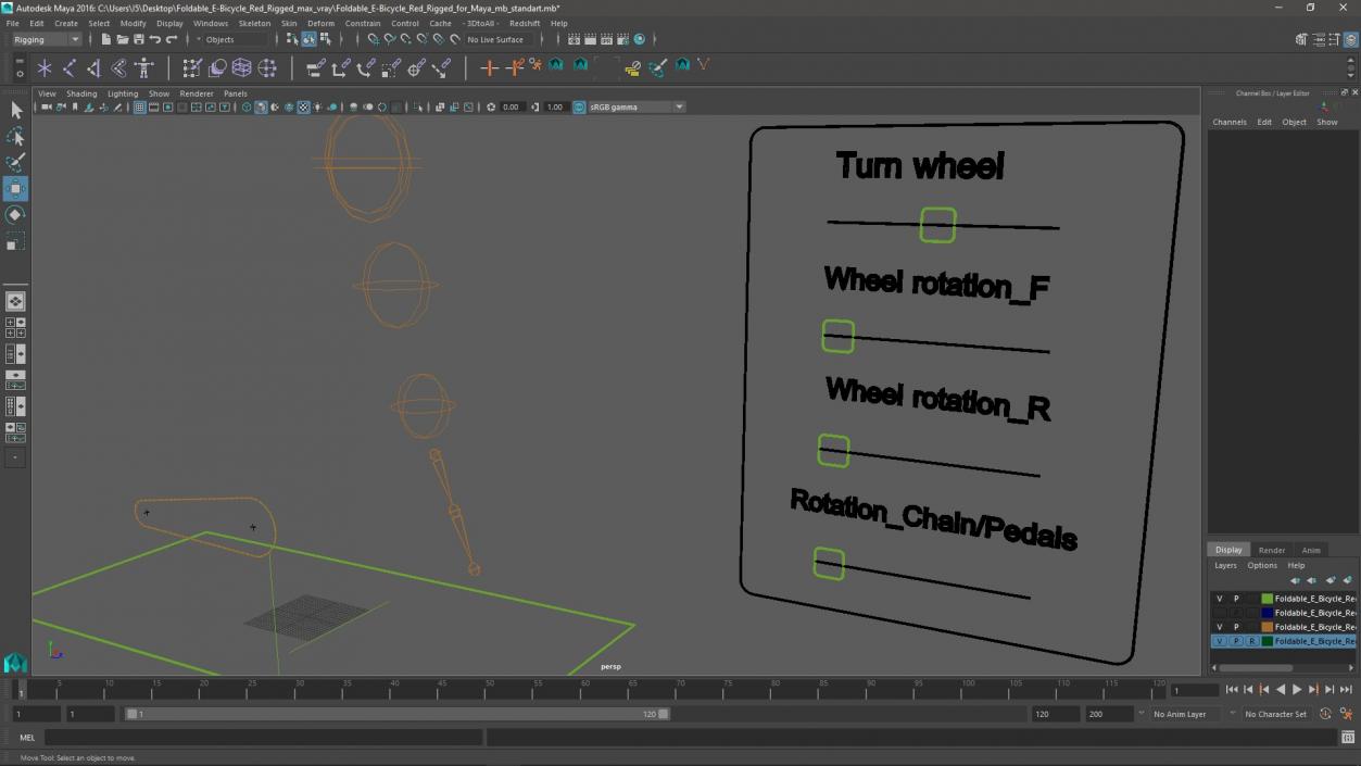 3D Foldable E-Bicycle Red Rigged for Maya model