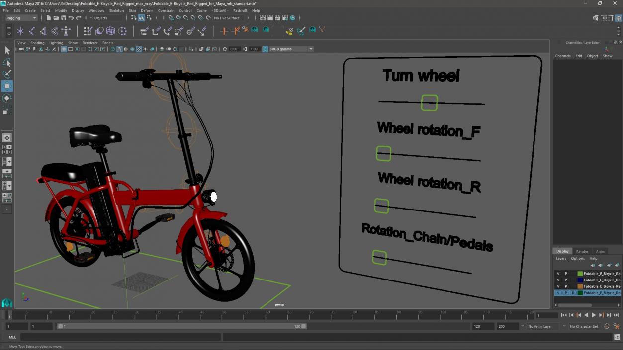 3D Foldable E-Bicycle Red Rigged for Maya model