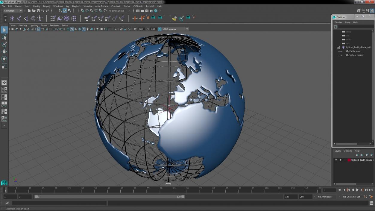 3D Stylized Earth Globe with Metal Blue