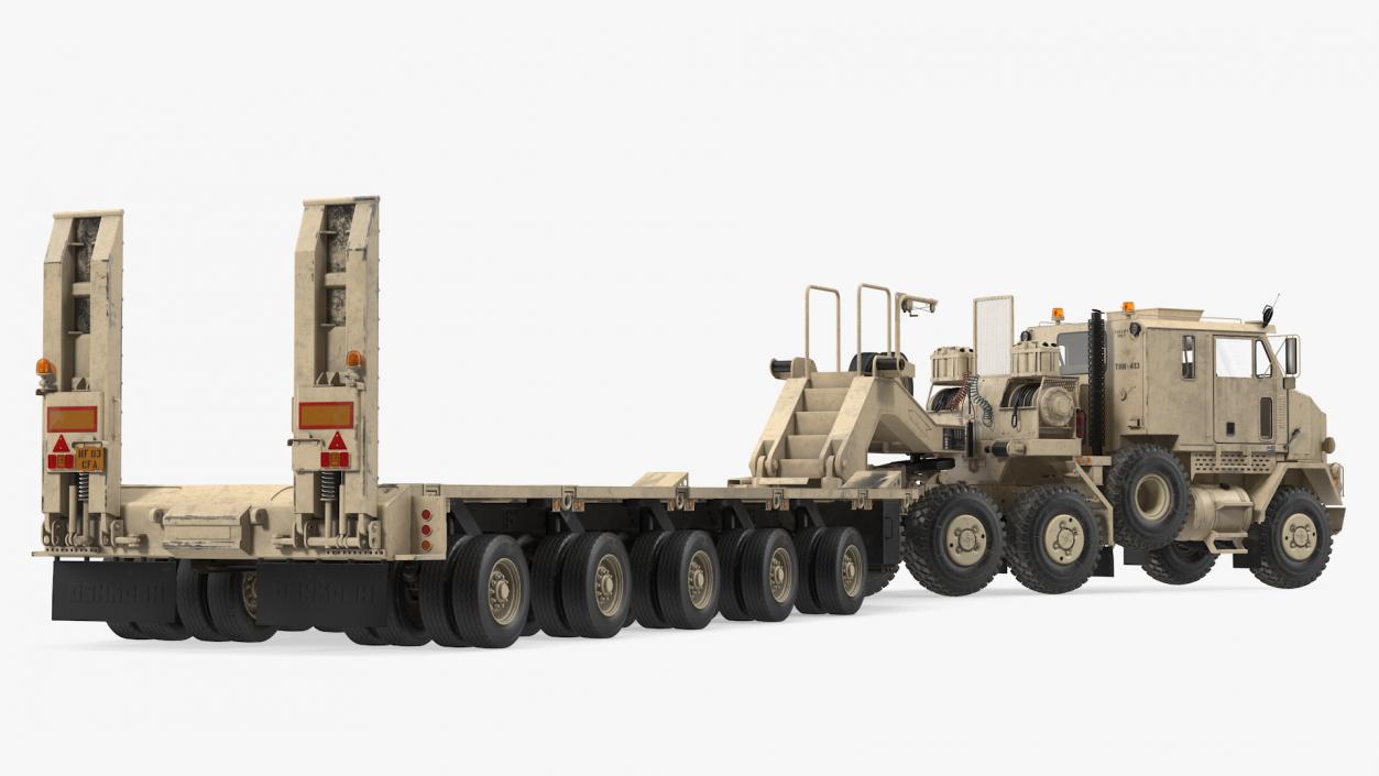 3D model Oshkosh M1070 Truck Tractor with M1000 HET Semi-Trailer Desert Dirty Rigged