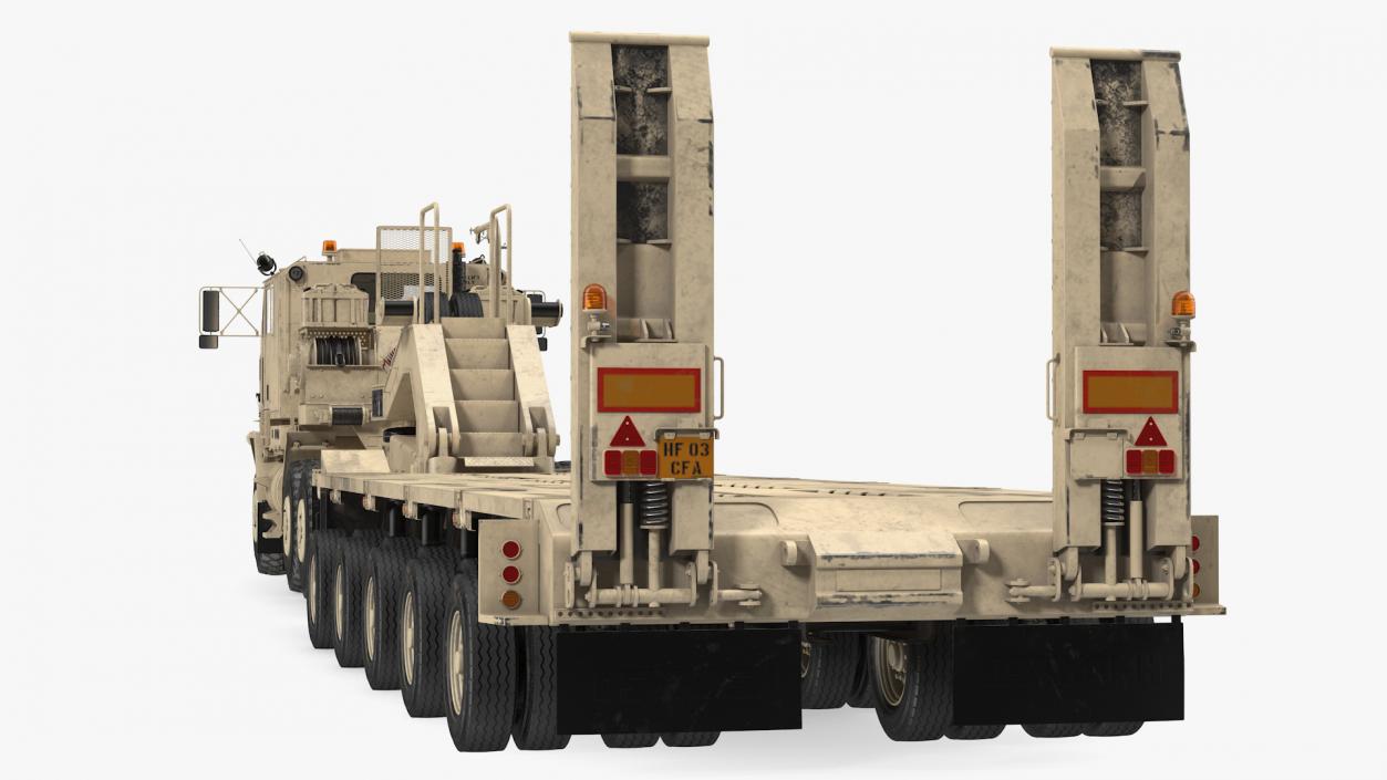 3D model Oshkosh M1070 Truck Tractor with M1000 HET Semi-Trailer Desert Dirty Rigged