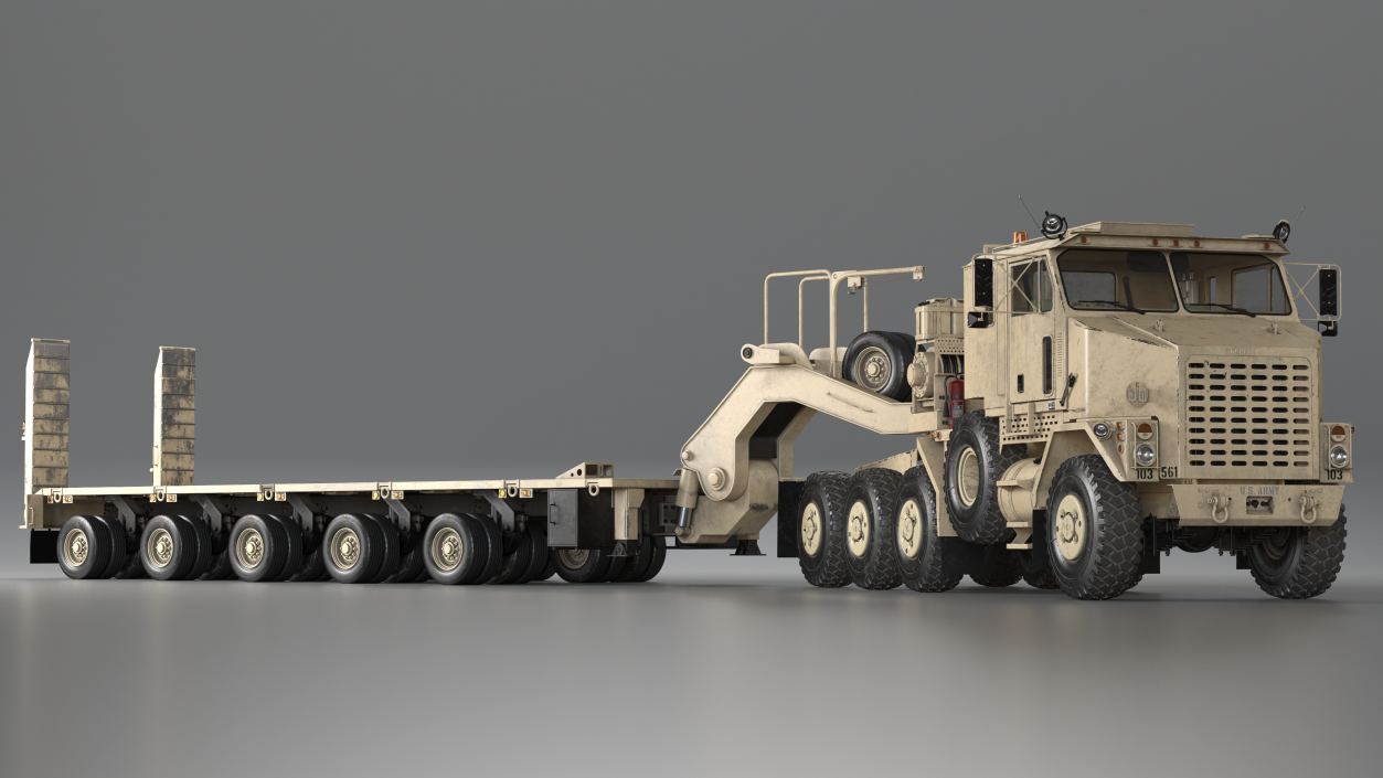 3D model Oshkosh M1070 Truck Tractor with M1000 HET Semi-Trailer Desert Dirty Rigged