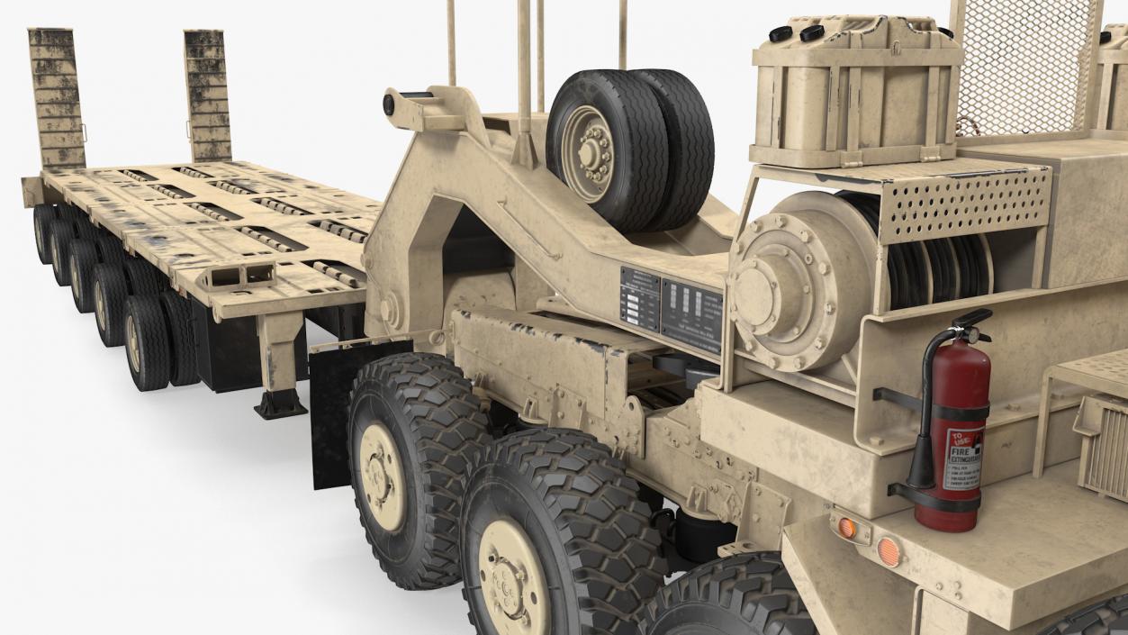 3D model Oshkosh M1070 Truck Tractor with M1000 HET Semi-Trailer Desert Dirty Rigged