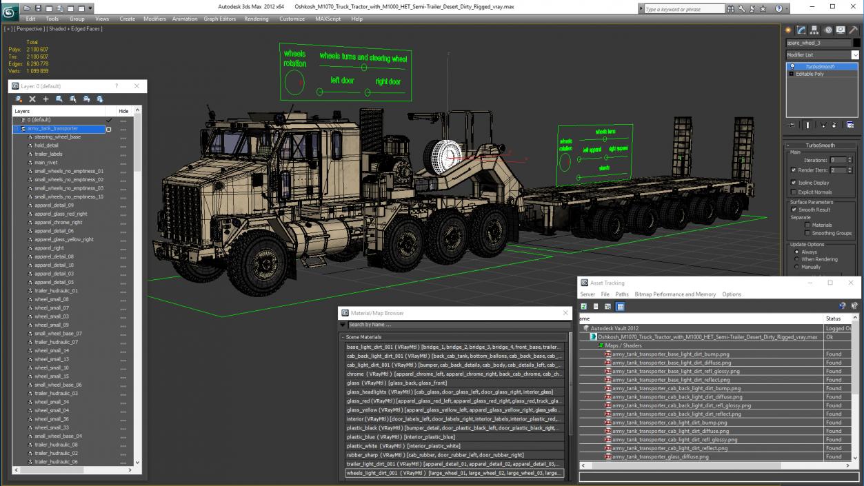 3D model Oshkosh M1070 Truck Tractor with M1000 HET Semi-Trailer Desert Dirty Rigged