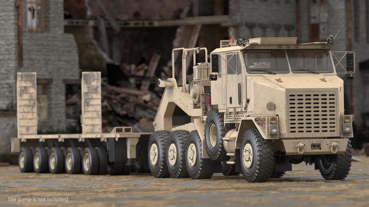 3D model Oshkosh M1070 Truck Tractor with M1000 HET Semi-Trailer Desert Dirty Rigged