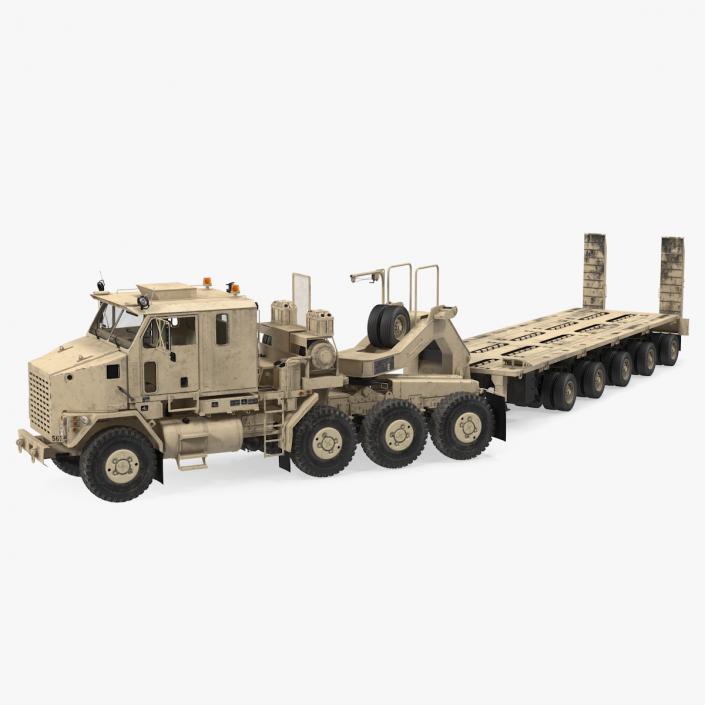 3D model Oshkosh M1070 Truck Tractor with M1000 HET Semi-Trailer Desert Dirty Rigged