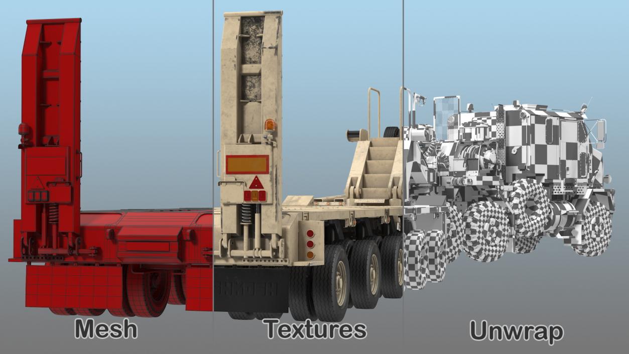 3D model Oshkosh M1070 Truck Tractor with M1000 HET Semi-Trailer Desert Dirty Rigged