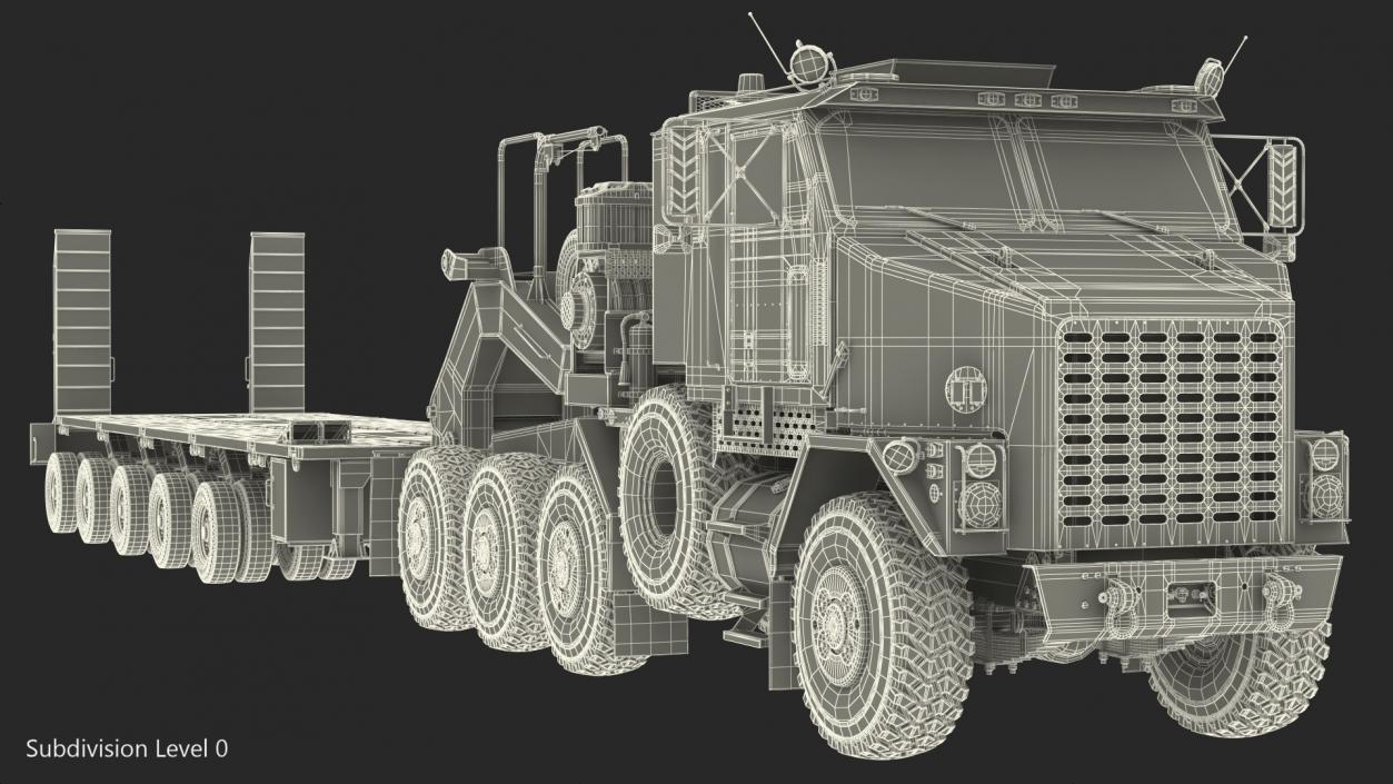 3D model Oshkosh M1070 Truck Tractor with M1000 HET Semi-Trailer Desert Dirty Rigged