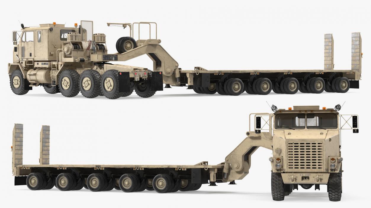 3D model Oshkosh M1070 Truck Tractor with M1000 HET Semi-Trailer Desert Dirty Rigged