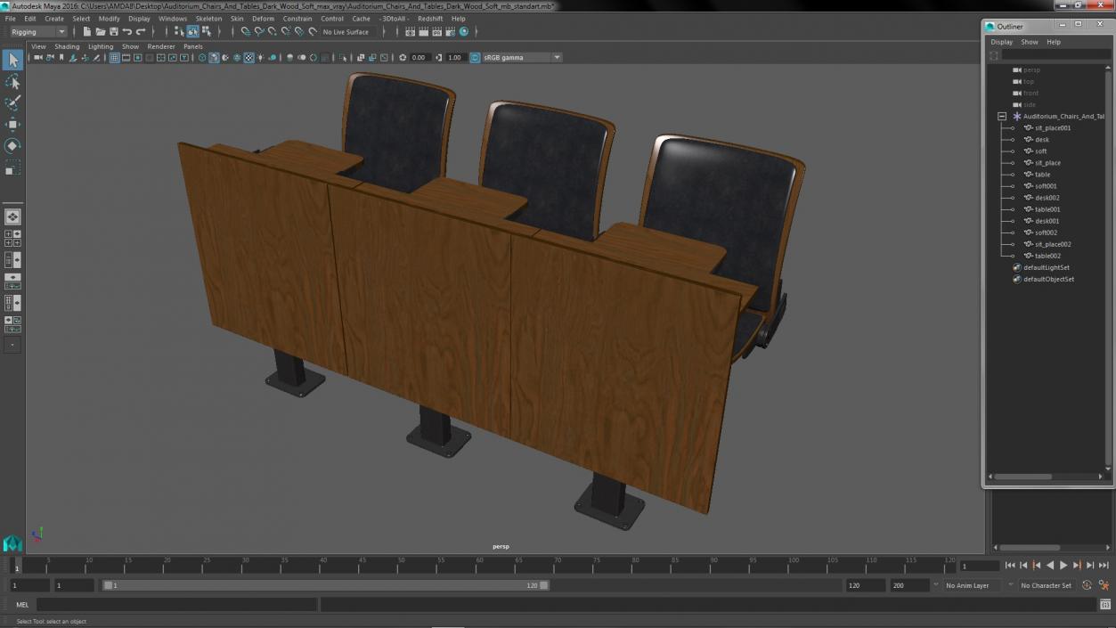 3D Auditorium Chairs And Tables Dark Wood Soft model