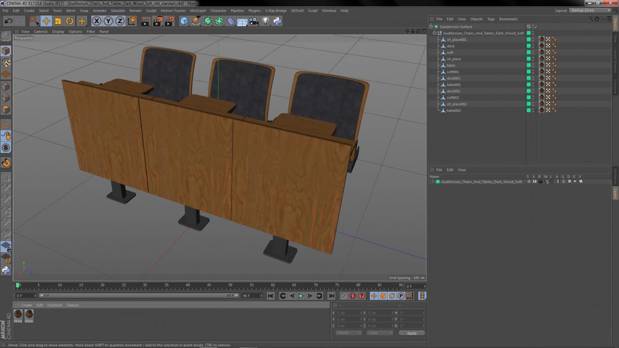 3D Auditorium Chairs And Tables Dark Wood Soft model