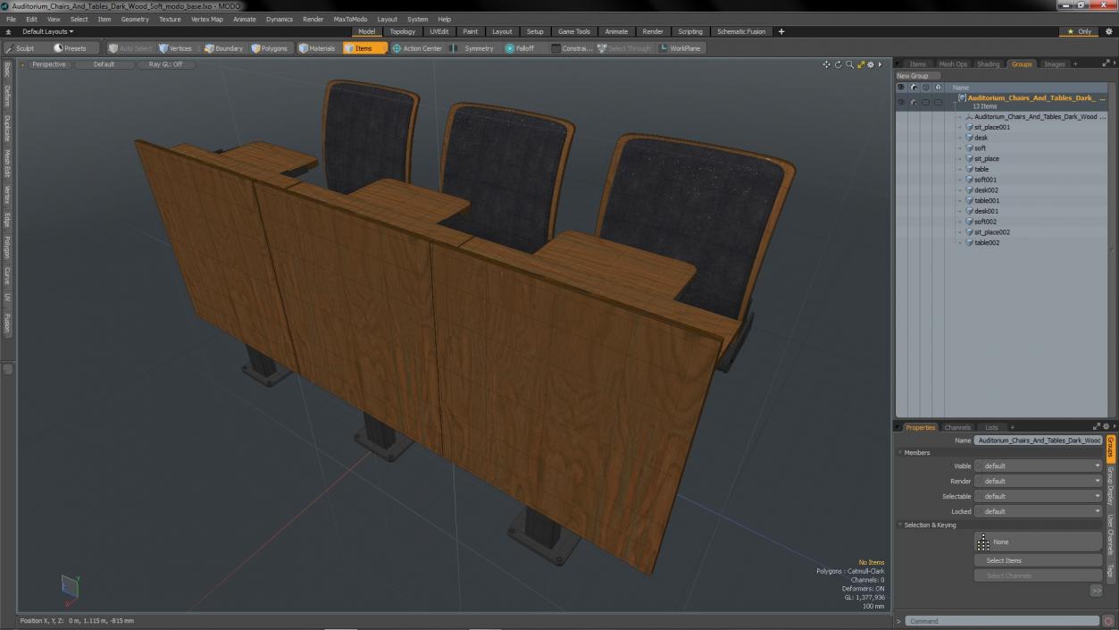 3D Auditorium Chairs And Tables Dark Wood Soft model