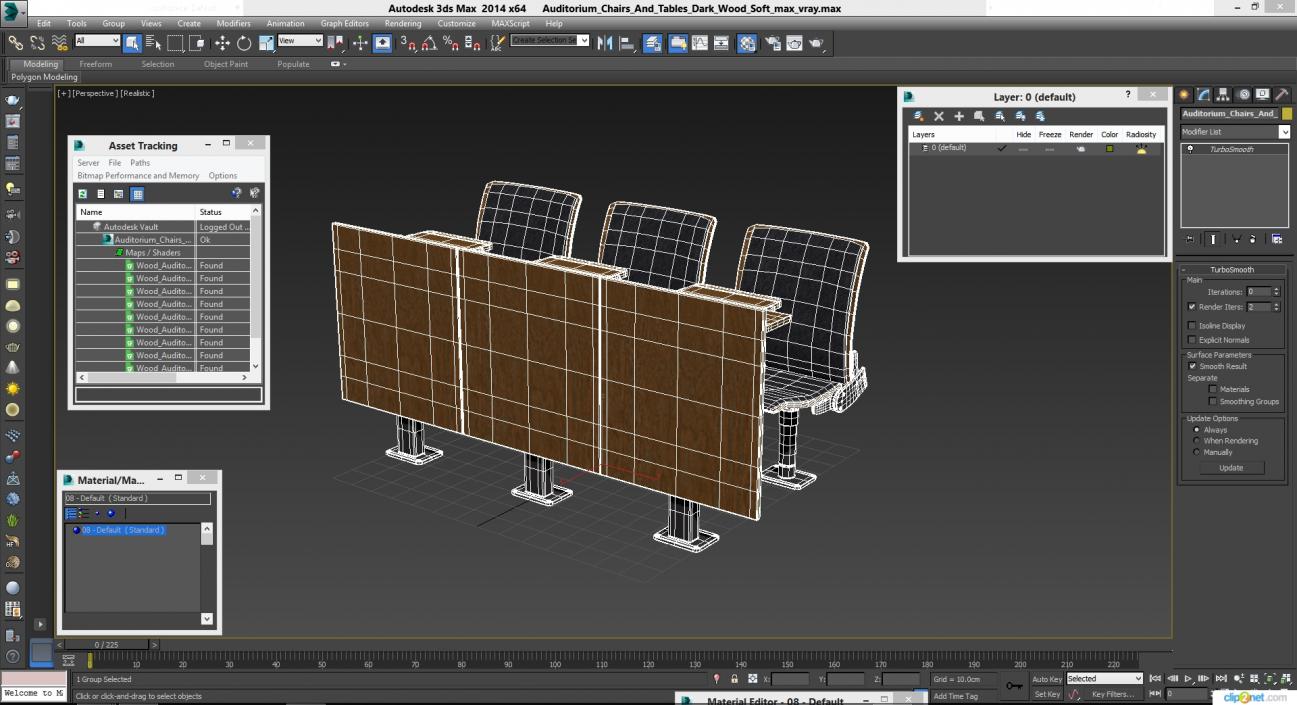 3D Auditorium Chairs And Tables Dark Wood Soft model