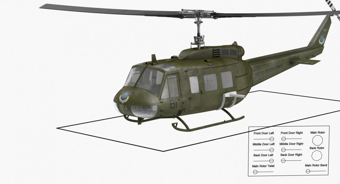 3D Military Utility Helicopter Bell UH-1 Iroquois Rigged model