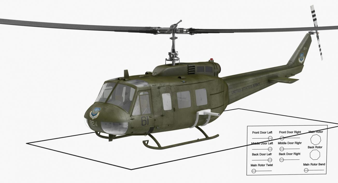 3D Military Utility Helicopter Bell UH-1 Iroquois Rigged model