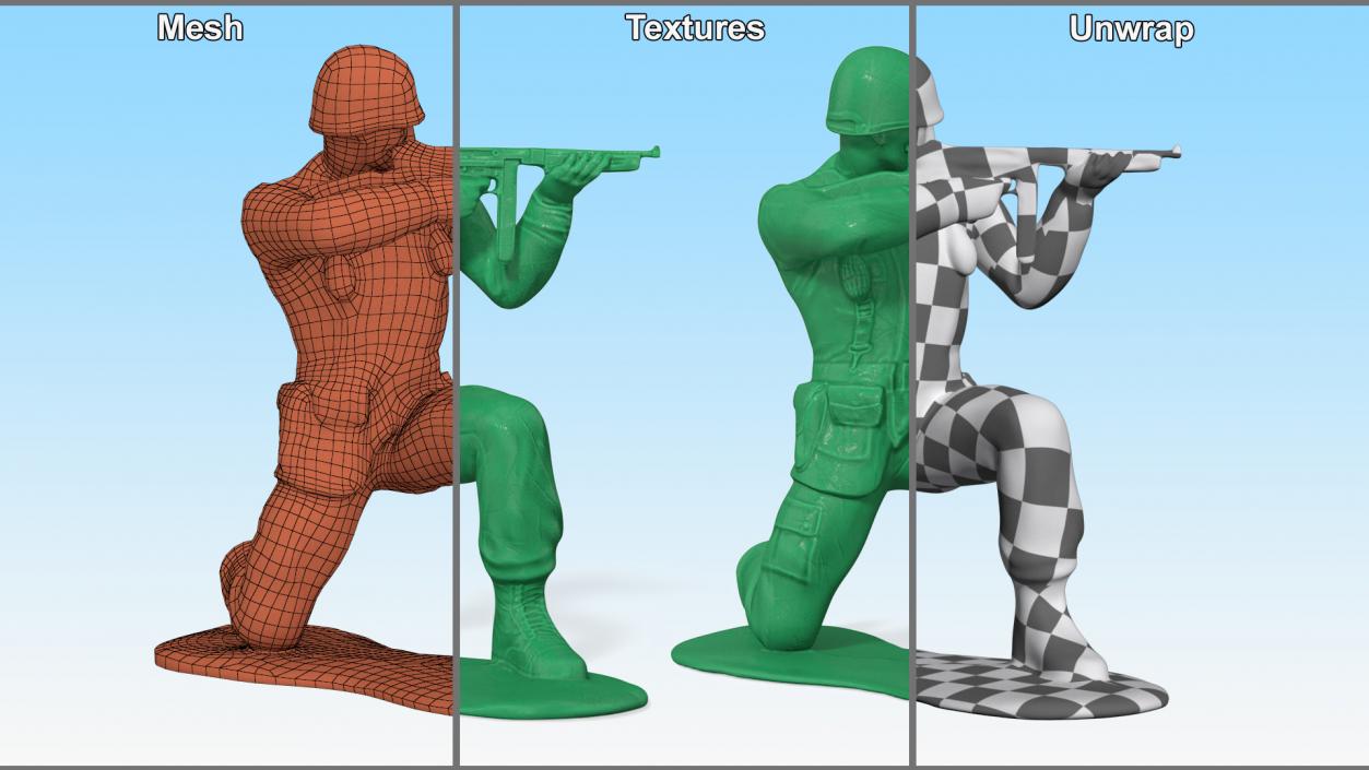 3D Green Toy Soldier Crouched Down