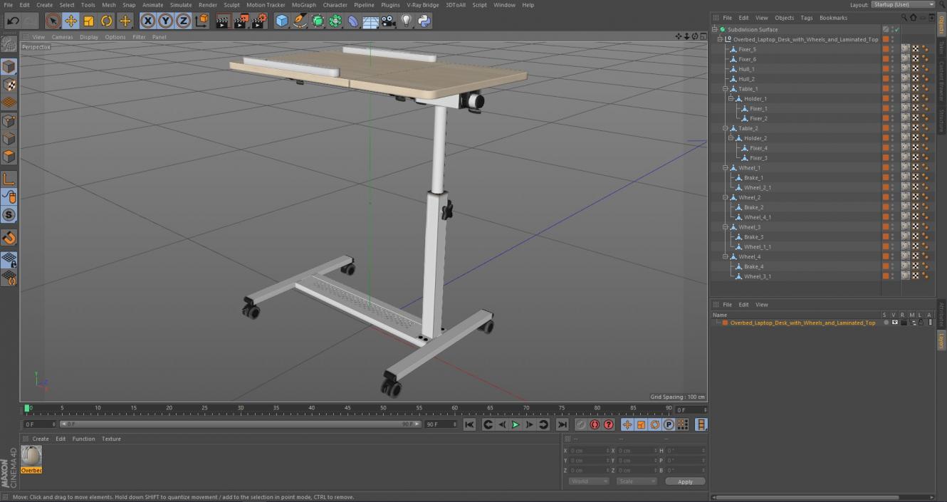 Overbed Laptop Desk with Wheels and Laminated Top 3D model