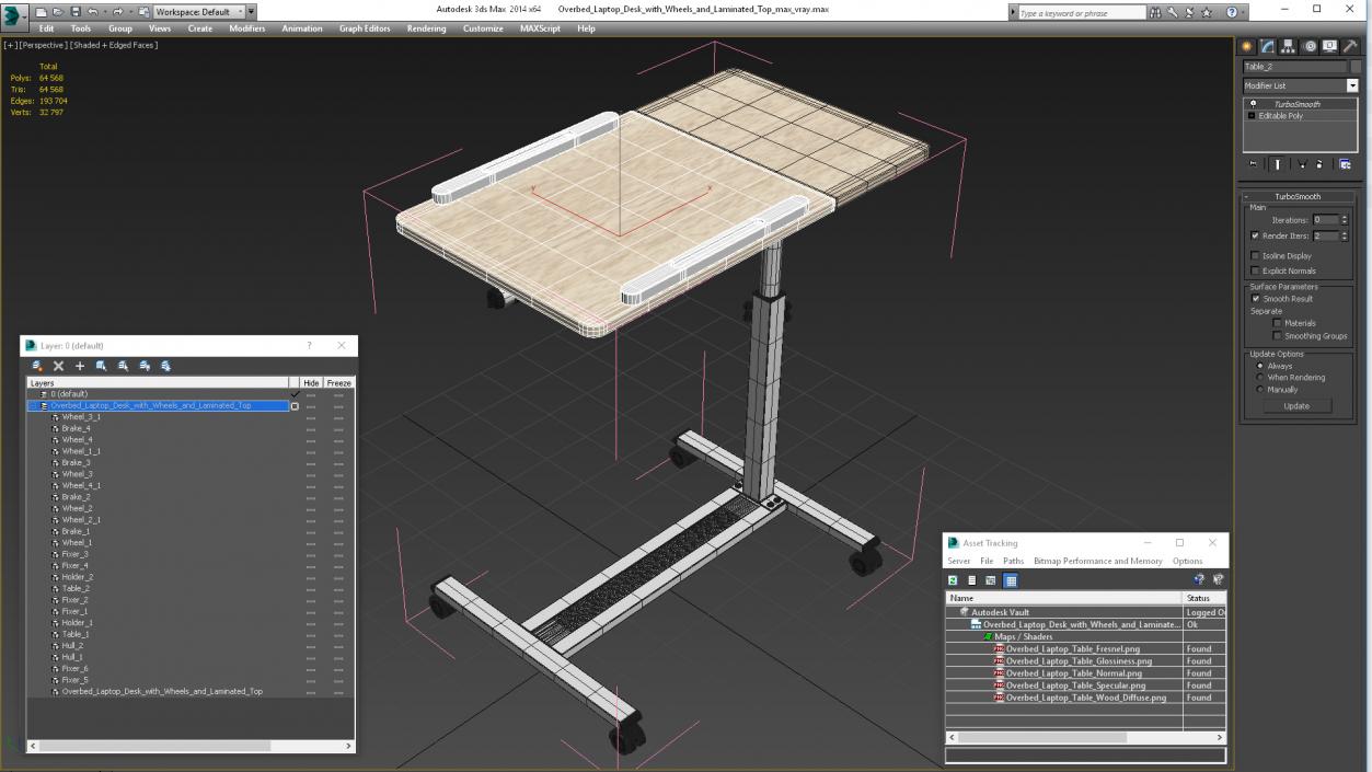 Overbed Laptop Desk with Wheels and Laminated Top 3D model