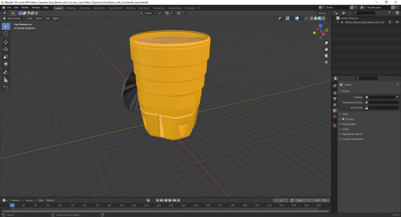 Yellow Opened Sand Barrel with Lid 3D model