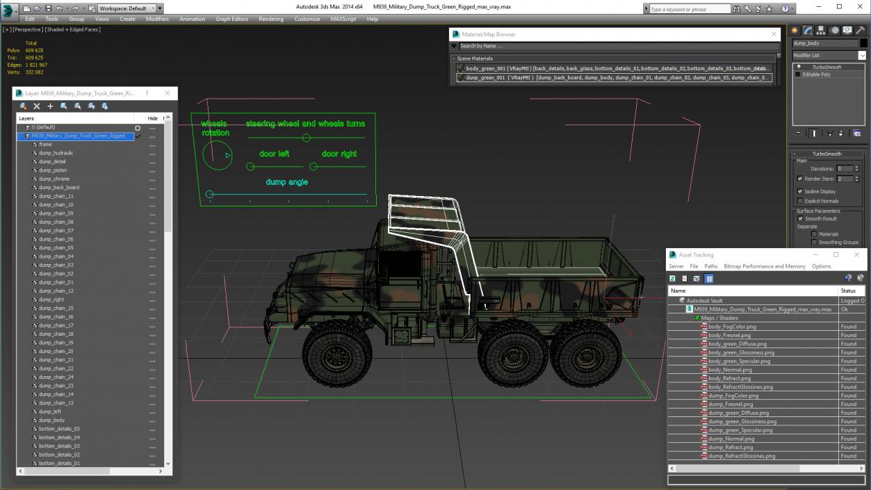 M939 Military Dump Truck Green Rigged 3D