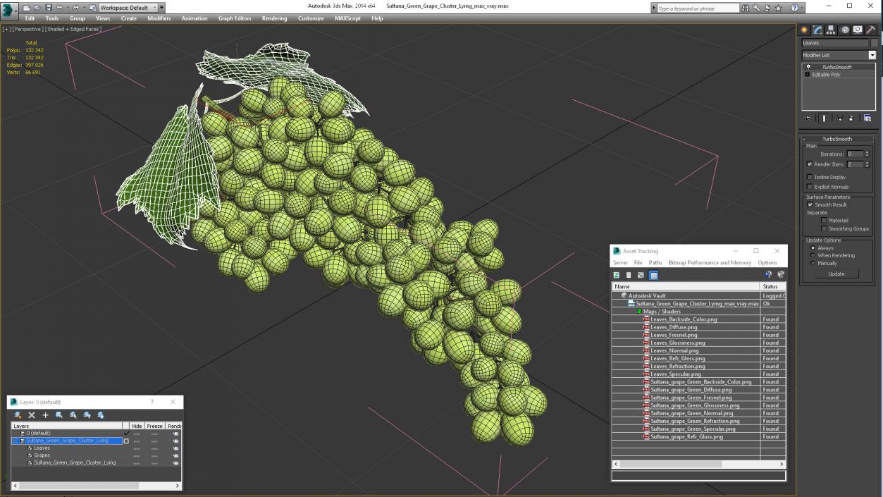 3D Sultana Green Grape Cluster Lying model