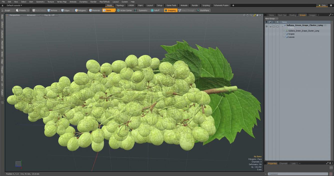 3D Sultana Green Grape Cluster Lying model