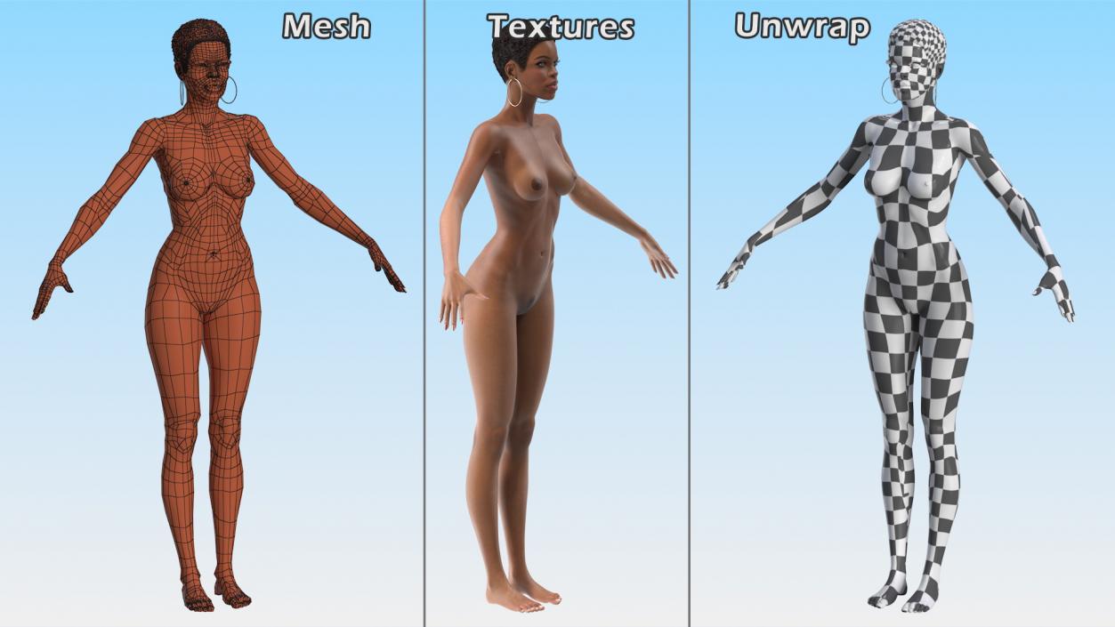 Nude Light Skin Black Woman T Pose 3D model