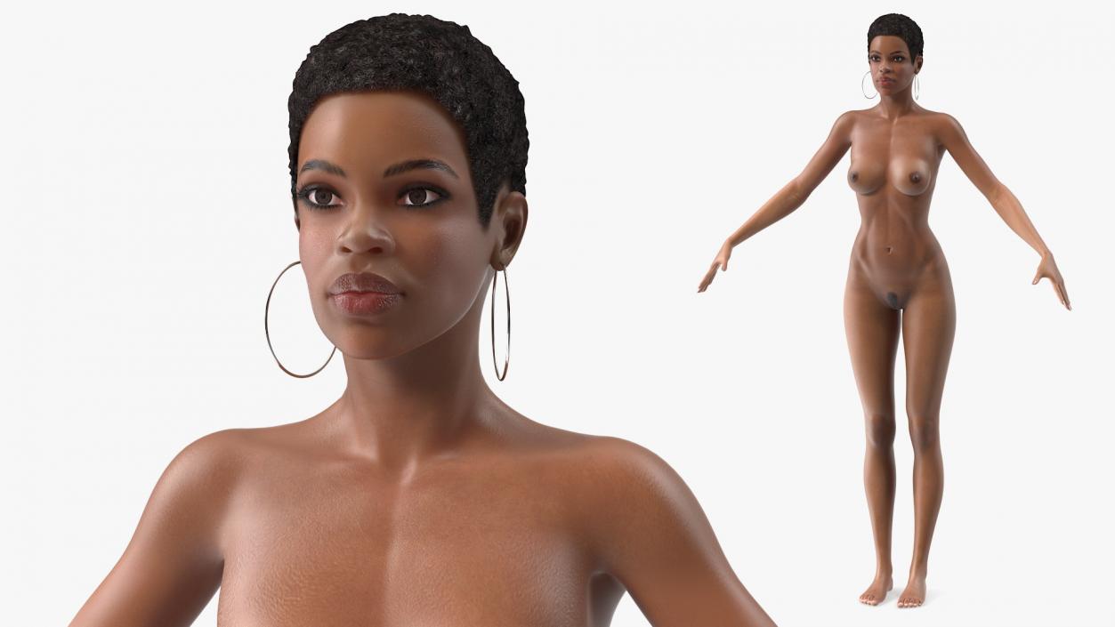 Nude Light Skin Black Woman T Pose 3D model