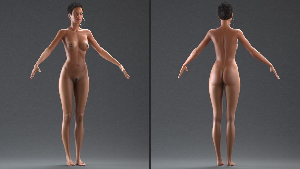 Nude Light Skin Black Woman T Pose 3D model