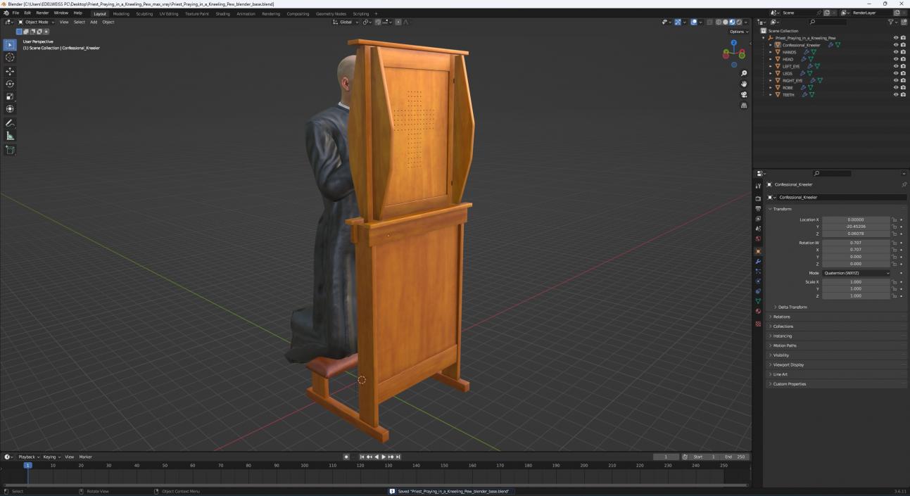 Priest Praying in a Kneeling Pew 3D