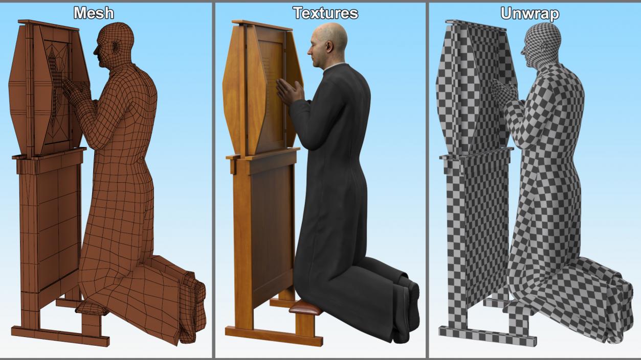 Priest Praying in a Kneeling Pew 3D