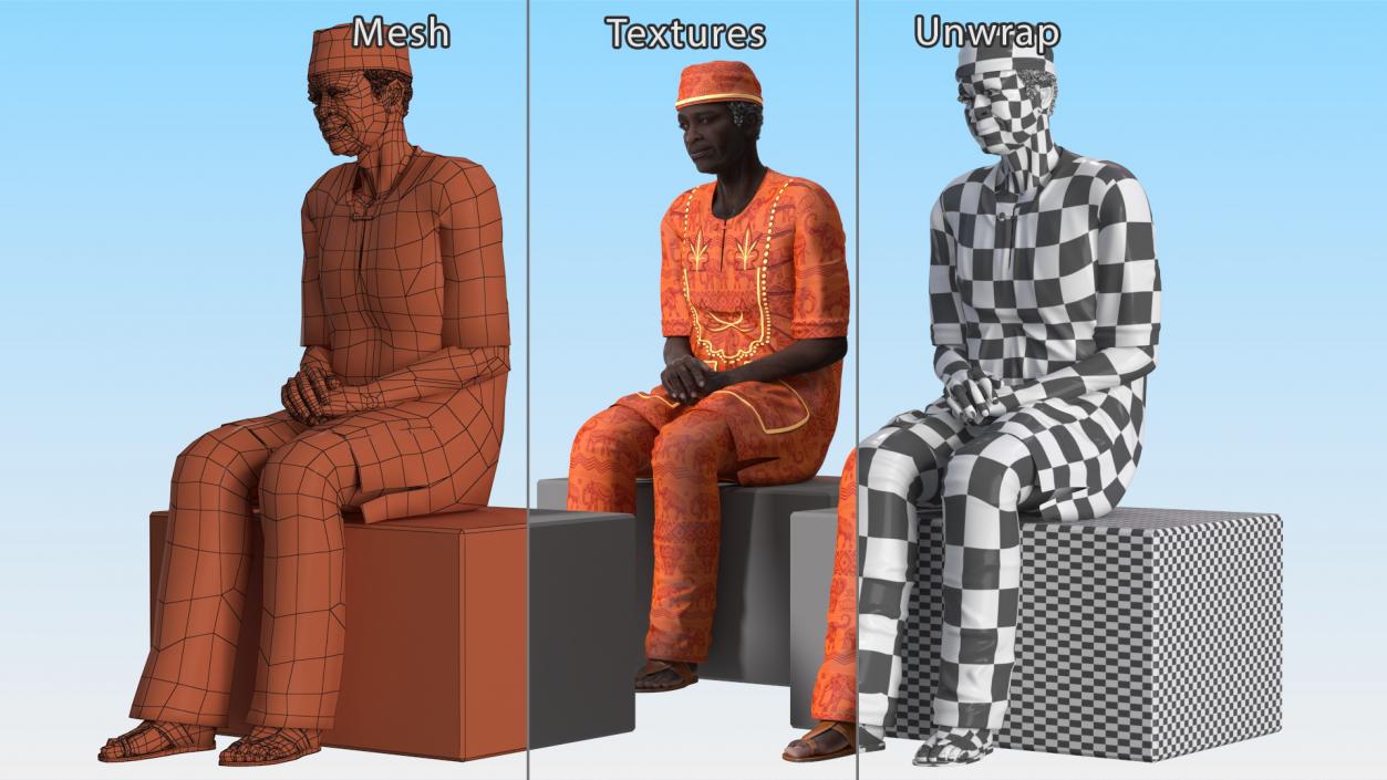 3D Traditional Style Afro American Old Gentleman Sitting model