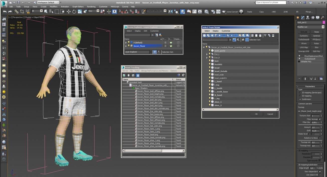 Soccer or Football Player Juventus with Hair 3D model